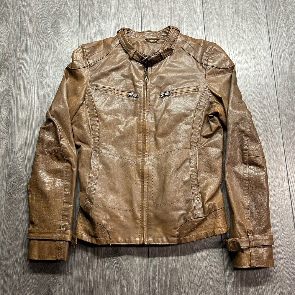 Naf Naf Brown Leather Moto Jacket Y2K Biker Buckle Detail Size 36